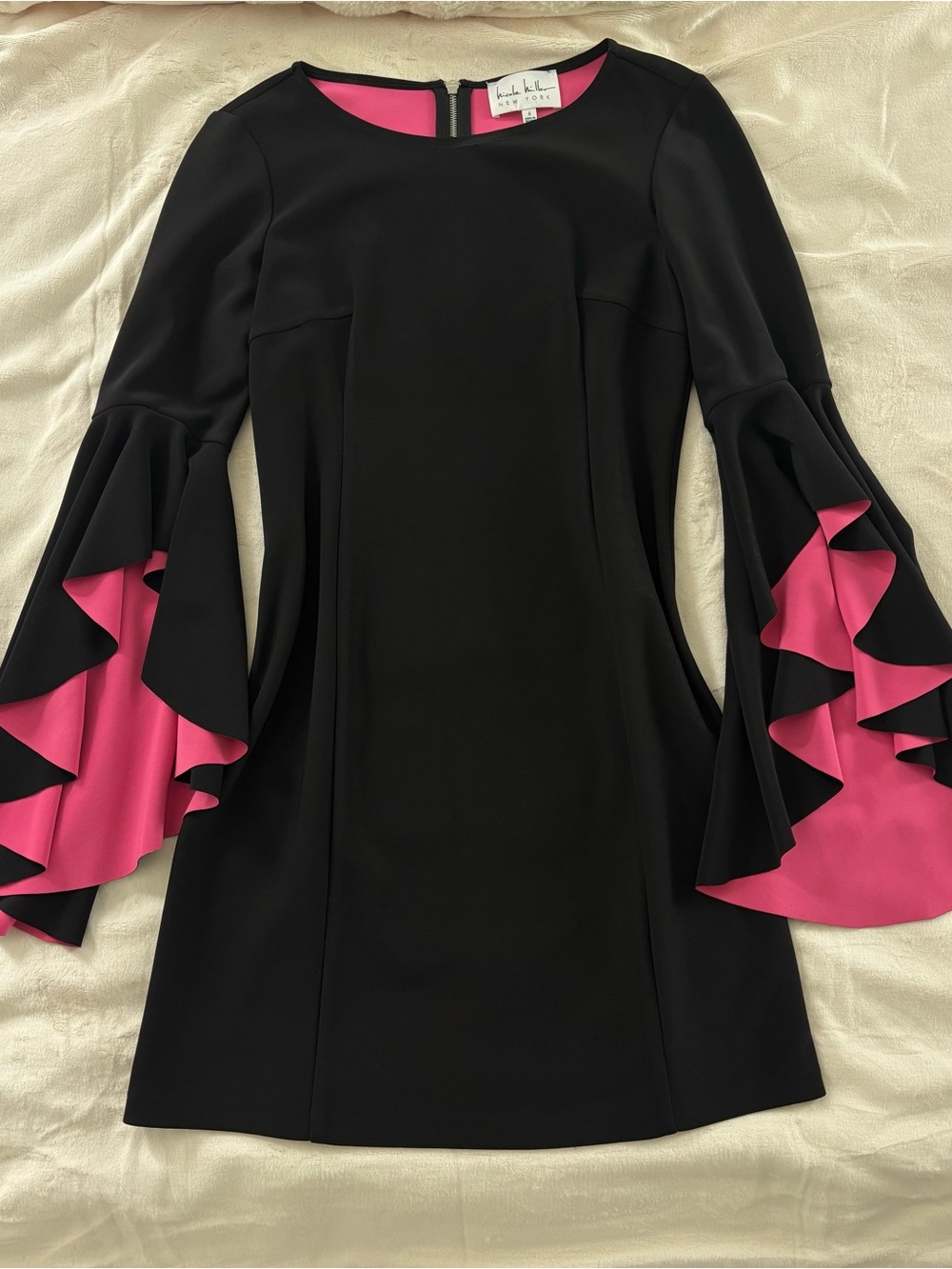 Nicole Miller Black Bell Sleeve Dress Pink Contrast Ruffle Sleeve